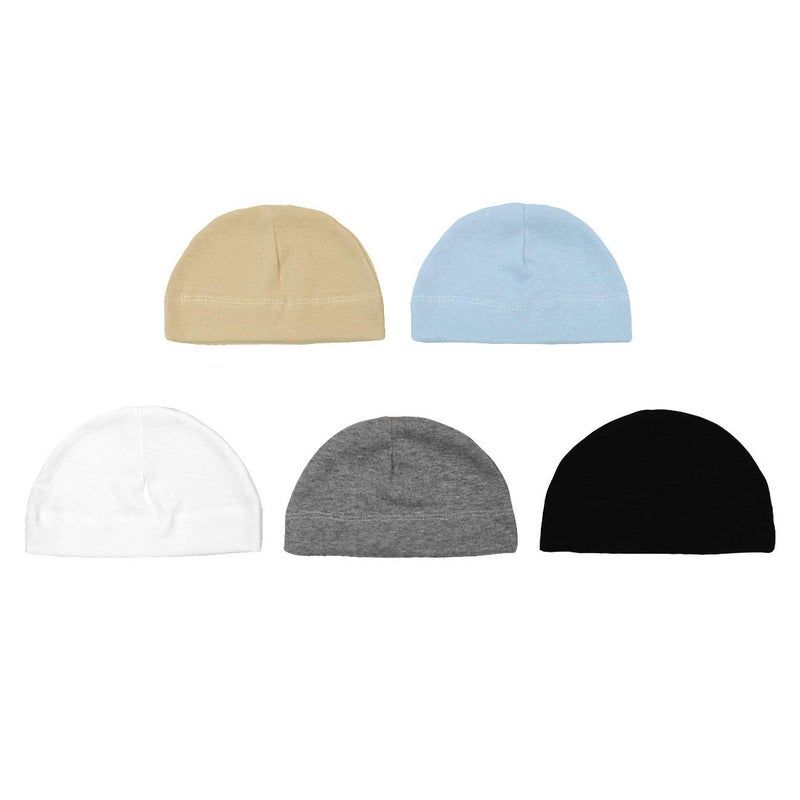 Betty Dain Jersey Knit 5 Piece Infant/Baby Cap, Set of 5 Soft Baby Beanies, Assorted Colors, 100% Cotton Stretch, Boys, Machine Washable, Grey/White/Black/Beige/Blue - Image 2